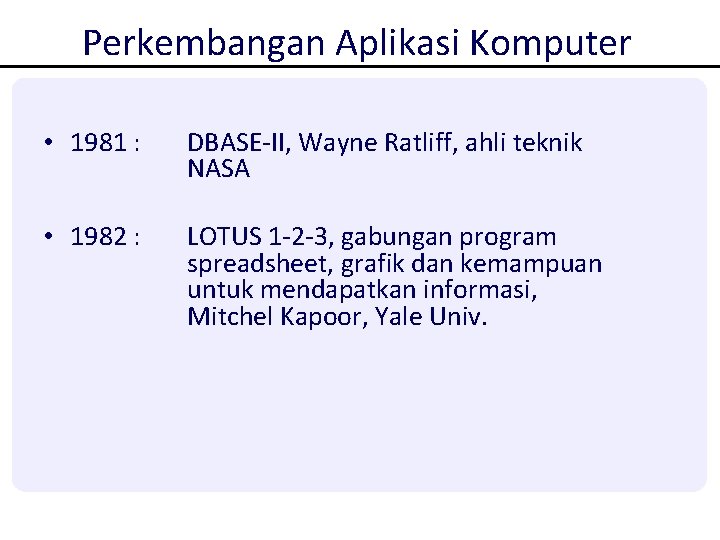 Perkembangan Aplikasi Komputer • 1981 : DBASE-II, Wayne Ratliff, ahli teknik NASA • 1982 Perkembangan Aplikasi Komputer • 1981 : DBASE-II, Wayne Ratliff, ahli teknik NASA • 1982