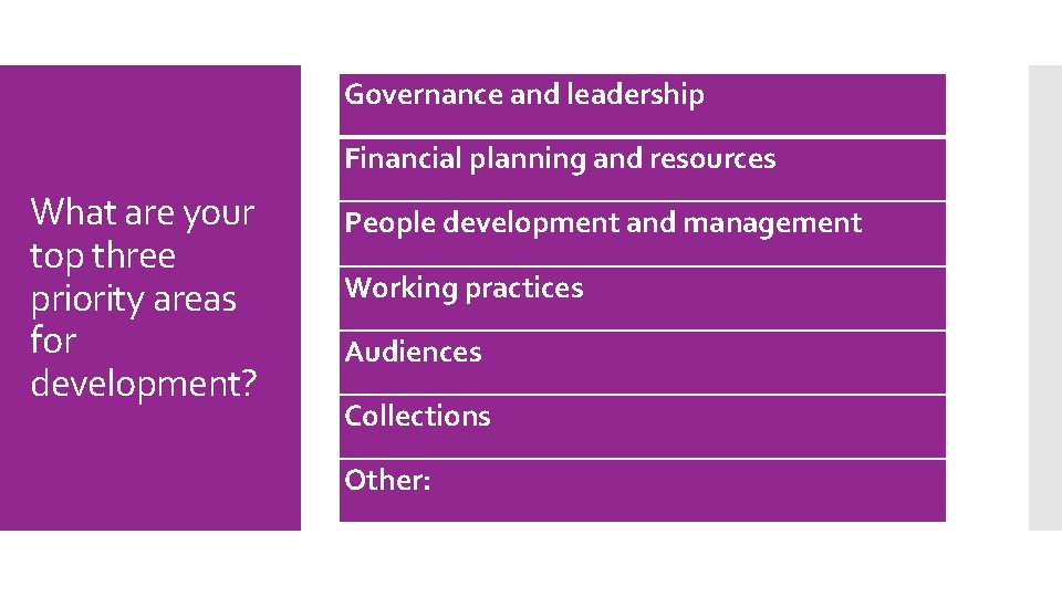 Governance and leadership Financial planning and resources What are your top three priority areas