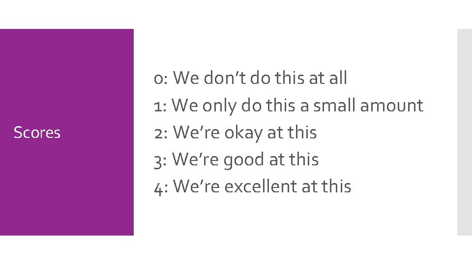 Scores 0: We don’t do this at all 1: We only do this a
