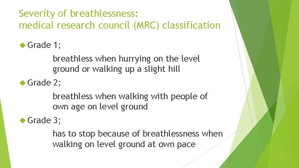 Severity of breathlessness: medical research council (MRC) classification Grade 1; breathless when hurrying on
