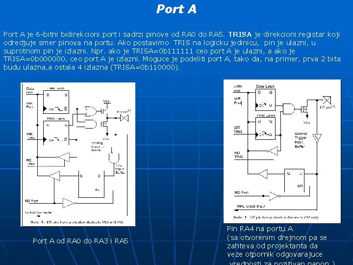 Port A je 6 -bitni bidirekcioni port i sadrzi pinove od RA 0 do