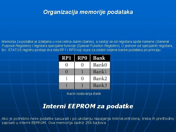 Organizacija memorije podataka Memorija za podatke je izdeljena u vise celina–banki (banks), a sastoji