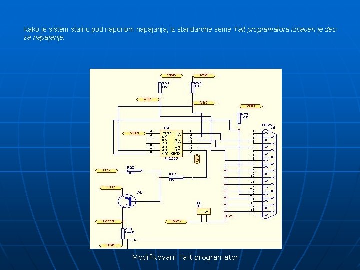 Kako je sistem stalno pod naponom napajanja, iz standardne seme Tait programatora izbacen je