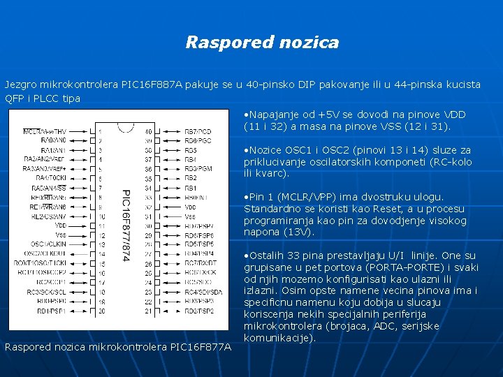 Raspored nozica Jezgro mikrokontrolera PIC 16 F 887 A pakuje se u 40 -pinsko