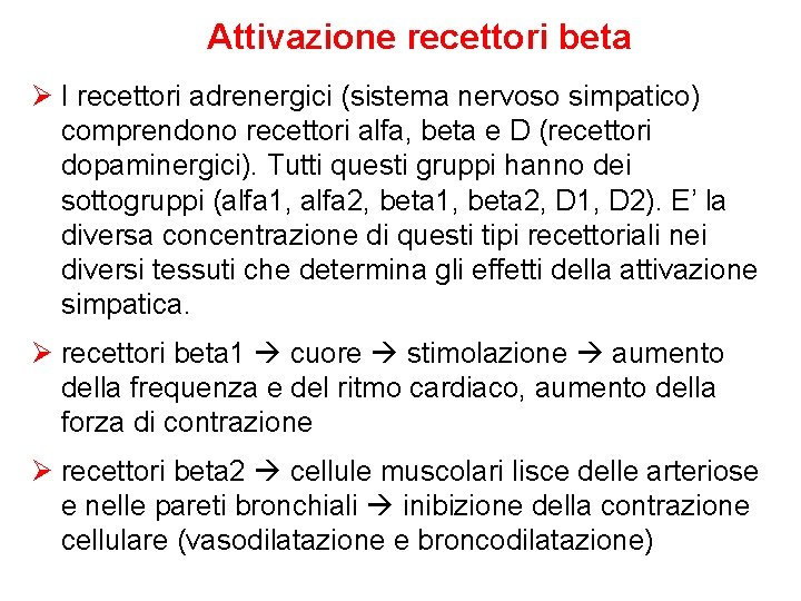 Attivazione recettori beta Ø I recettori adrenergici (sistema nervoso simpatico) comprendono recettori alfa, beta