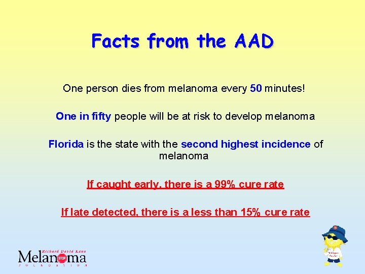 Facts from the AAD One person dies from melanoma every 50 minutes! One in