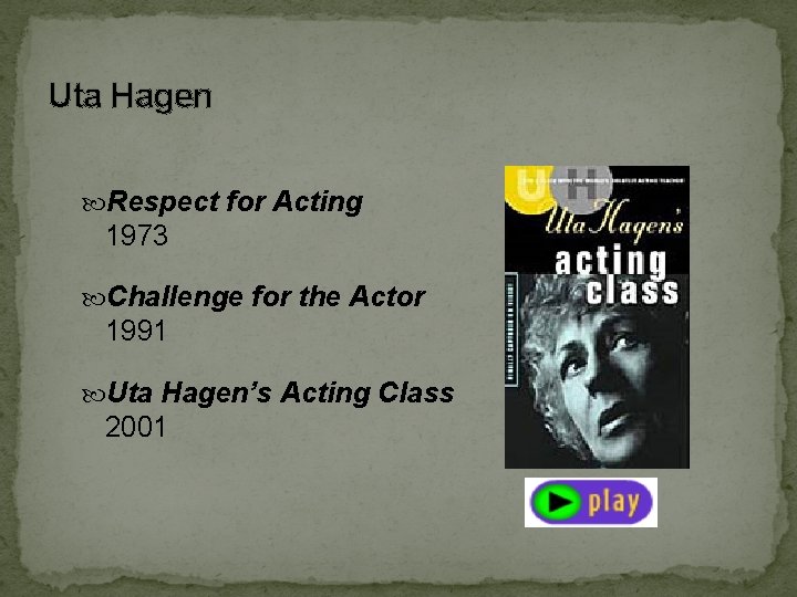 Uta Hagen Respect for Acting 1973 Challenge for the Actor 1991 Uta Hagen’s Acting Uta Hagen Respect for Acting 1973 Challenge for the Actor 1991 Uta Hagen’s Acting