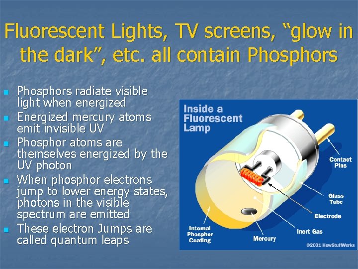 Fluorescent Lights, TV screens, “glow in the dark”, etc. all contain Phosphors n n