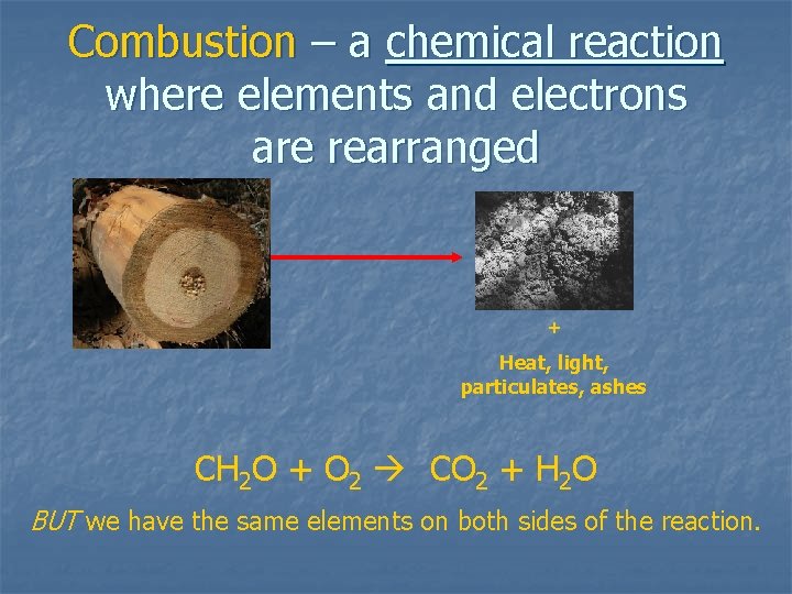 Combustion – a chemical reaction where elements and electrons are rearranged + Heat, light,