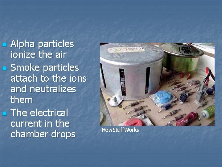 n n n Alpha particles ionize the air Smoke particles attach to the ions