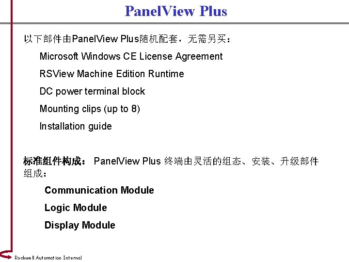 Panel. View Plus 以下部件由Panel. View Plus随机配套，无需另买： Microsoft Windows CE License Agreement RSView Machine Edition