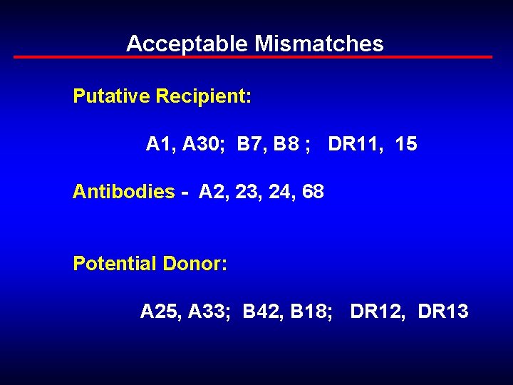 Acceptable Mismatches Putative Recipient: A 1, A 30; B 7, B 8 ; DR