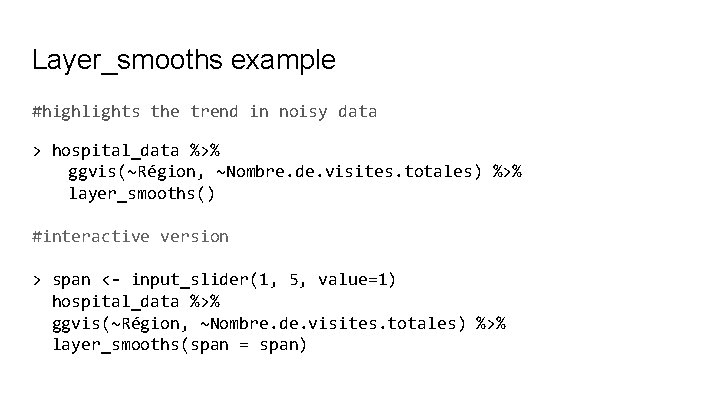 Layer_smooths example #highlights the trend in noisy data > hospital_data %>% ggvis(~Région, ~Nombre. de.