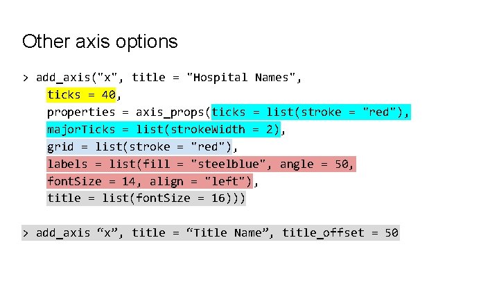 Other axis options > add_axis("x", title = "Hospital Names", ticks = 40, properties =