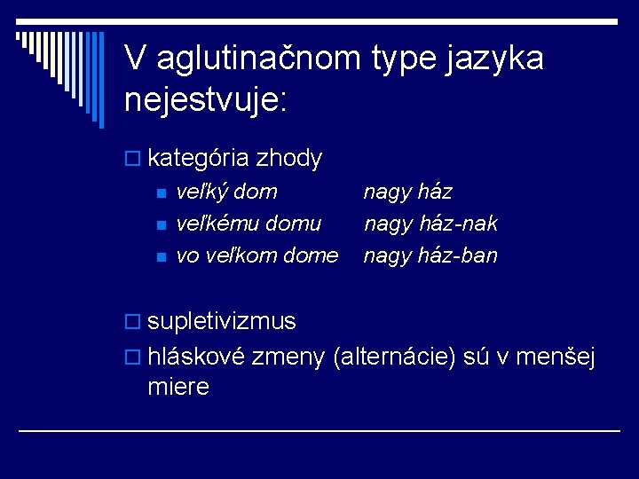 V aglutinačnom type jazyka nejestvuje: o kategória zhody n n n veľký dom veľkému V aglutinačnom type jazyka nejestvuje: o kategória zhody n n n veľký dom veľkému