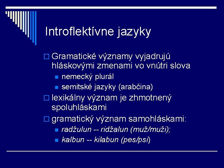 Introflektívne jazyky o Gramatické významy vyjadrujú hláskovými zmenami vo vnútri slova n n nemecký Introflektívne jazyky o Gramatické významy vyjadrujú hláskovými zmenami vo vnútri slova n n nemecký