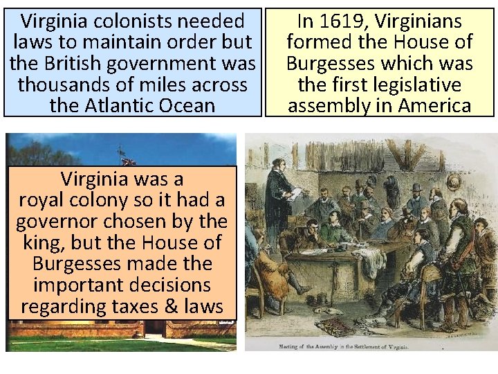 Virginia colonists needed laws to maintain order but the British government was thousands of