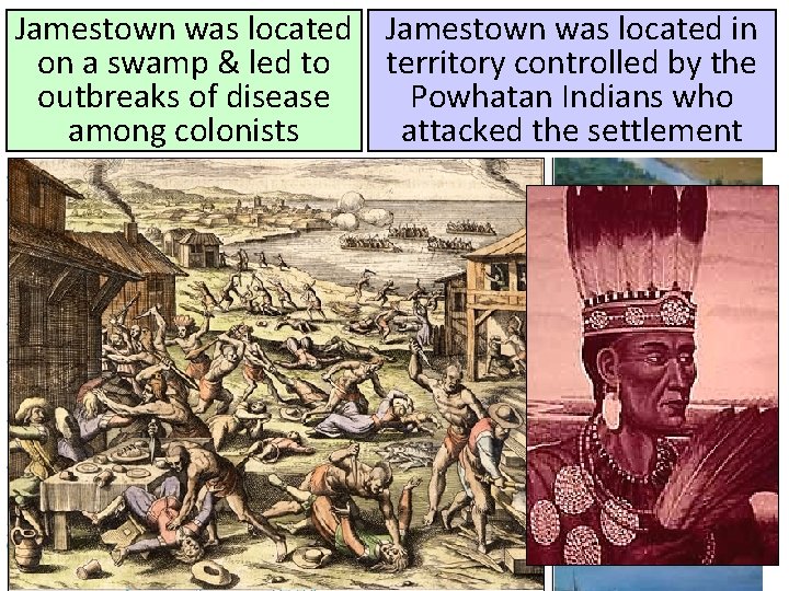 Jamestown was located in on a swamp & led to territory controlled by the