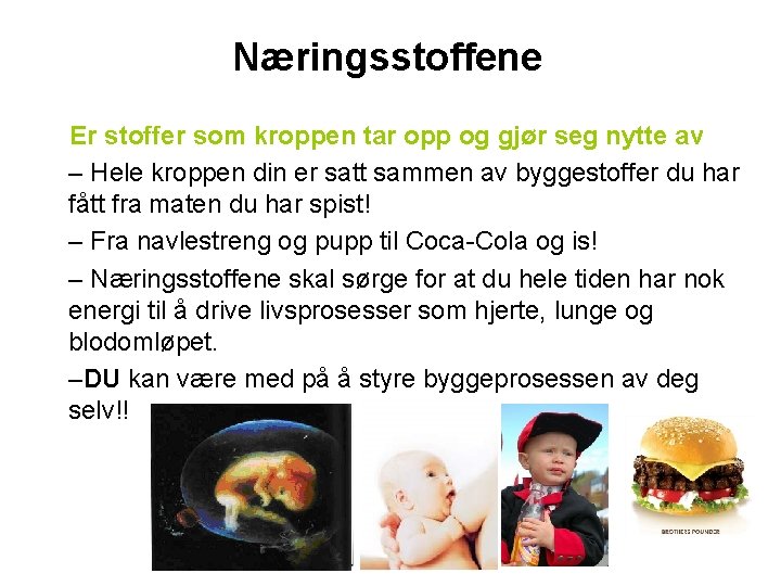 Næringsstoffene Er stoffer som kroppen tar opp og gjør seg nytte av – Hele