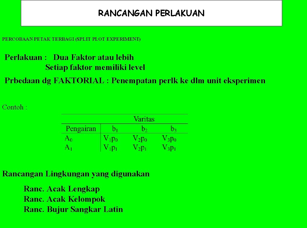 RANCANGAN PERLAKUAN PERCOBAAN PETAK TERBAGI (SPLIT PLOT EXPERIMENT) Perlakuan : Dua Faktor atau lebih