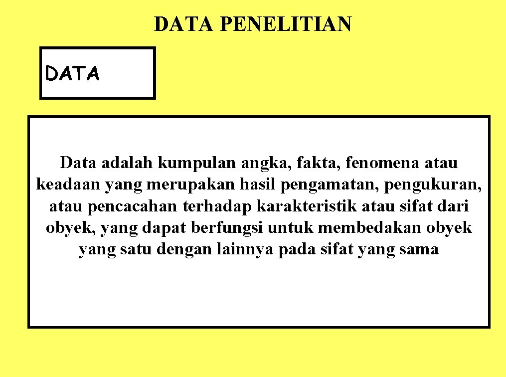 DATA PENELITIAN DATA Data adalah kumpulan angka, fakta, fenomena atau keadaan yang merupakan hasil