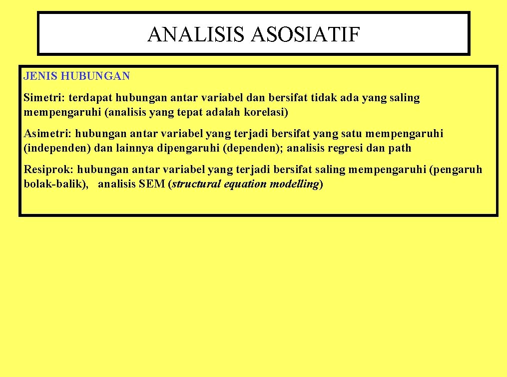 ANALISIS ASOSIATIF JENIS HUBUNGAN Simetri: terdapat hubungan antar variabel dan bersifat tidak ada yang