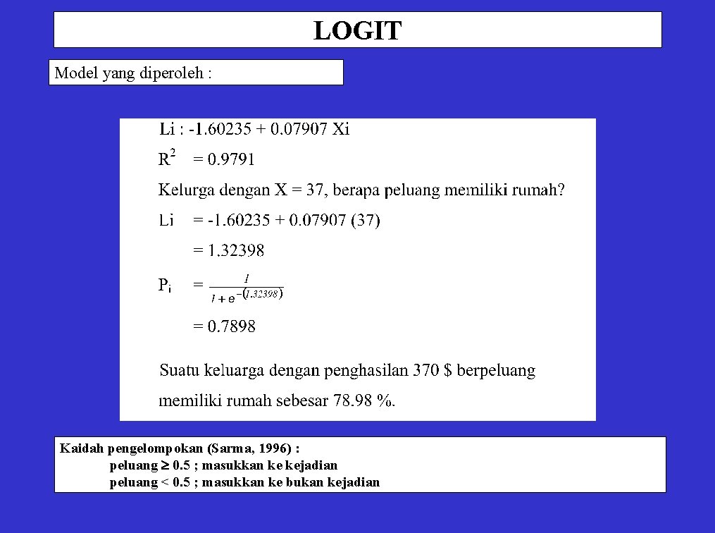 LOGIT Model yang diperoleh : Kaidah pengelompokan (Sarma, 1996) : peluang 0. 5 ;