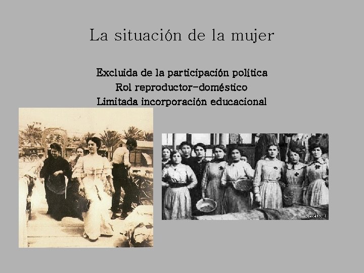 La situación de la mujer Excluida de la participación política Rol reproductor-doméstico Limitada incorporación