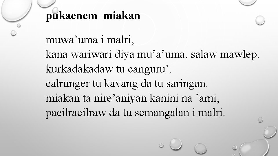 pukaenem miakan muwa’uma i malri, kana wari diya mu’a’uma, salaw mawlep. kurkadaw tu canguru’.