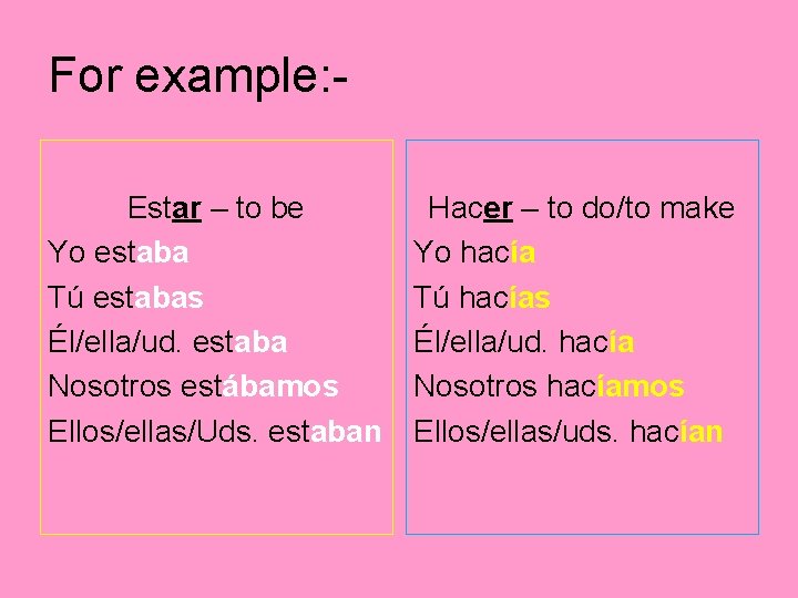 For example: Estar – to be Yo estaba Tú estabas Él/ella/ud. estaba Nosotros estábamos