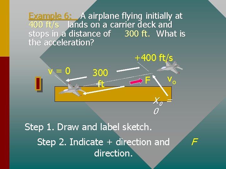 Example 6: A airplane flying initially at 400 ft/s lands on a carrier deck