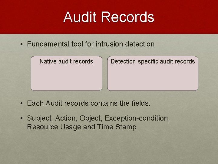 Audit Records • Fundamental tool for intrusion detection Native audit records Detection-specific audit records