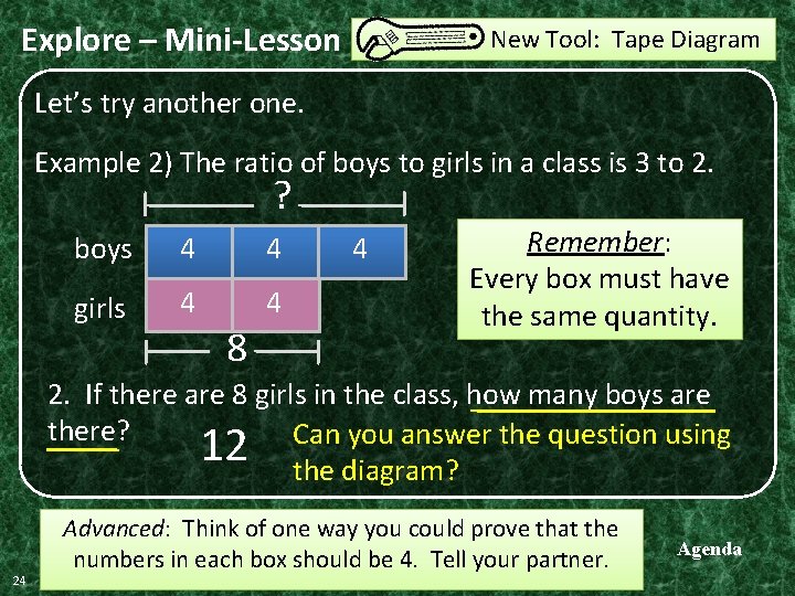 Explore – Mini-Lesson New Tool: Tape Diagram Let’s try another one. Example 2) The