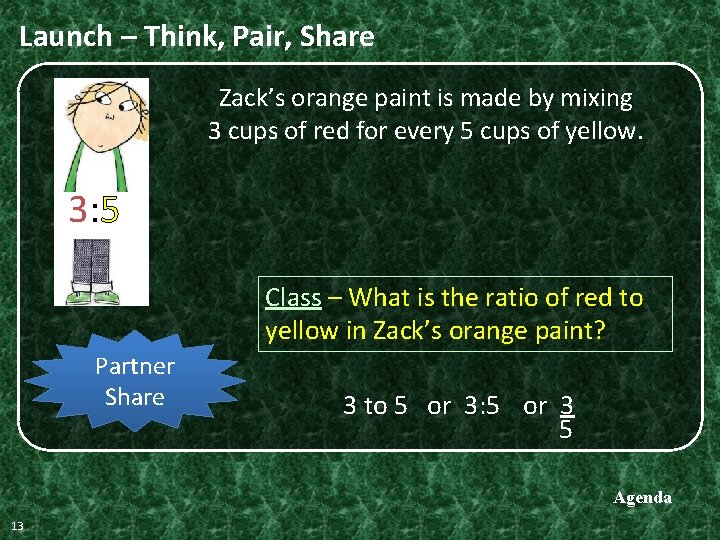 Launch – Think, Pair, Share Zack’s orange paint is made by mixing 3 cups