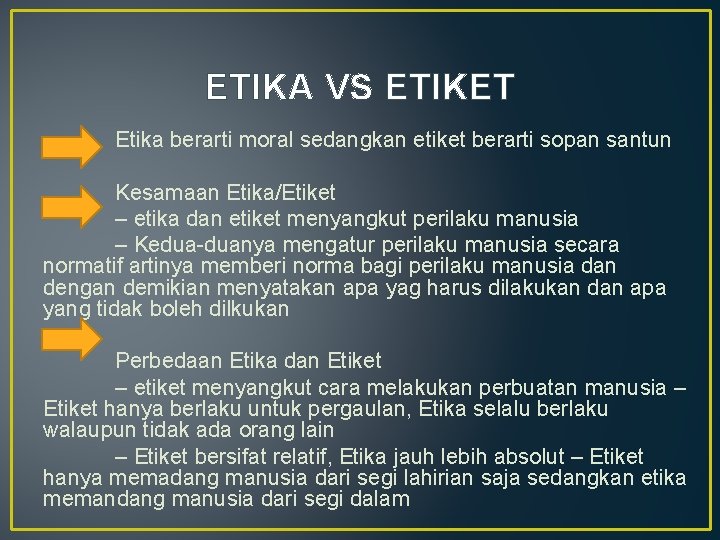 ETIKA VS ETIKET Etika berarti moral sedangkan etiket berarti sopan santun Kesamaan Etika/Etiket –