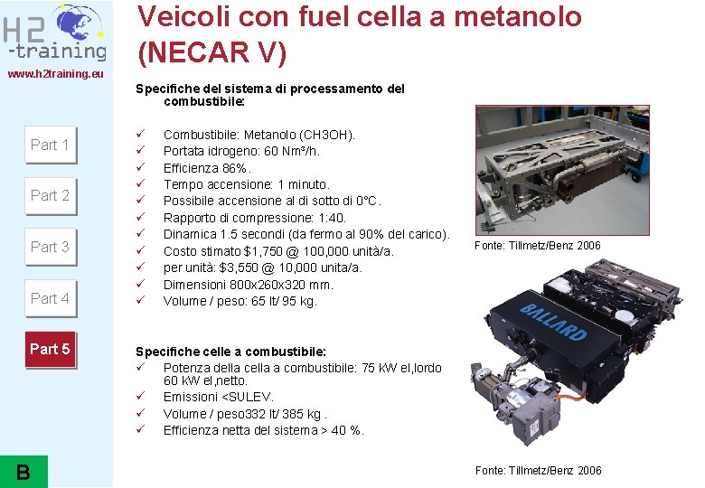 www. h 2 training. eu Veicoli con fuel cella a metanolo (NECAR V) Specifiche