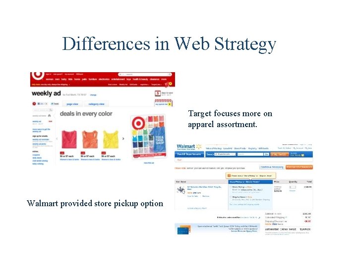 Differences in Web Strategy Target focuses more on apparel assortment. Walmart provided store pickup Differences in Web Strategy Target focuses more on apparel assortment. Walmart provided store pickup