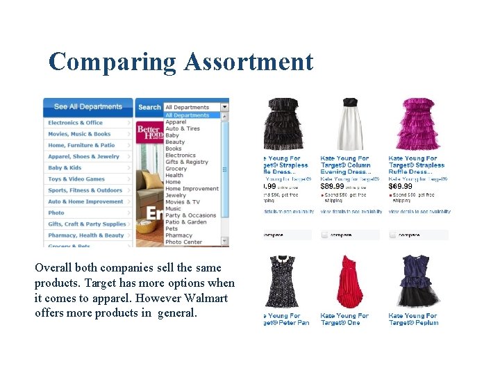 Comparing Assortment Overall both companies sell the same products. Target has more options when Comparing Assortment Overall both companies sell the same products. Target has more options when