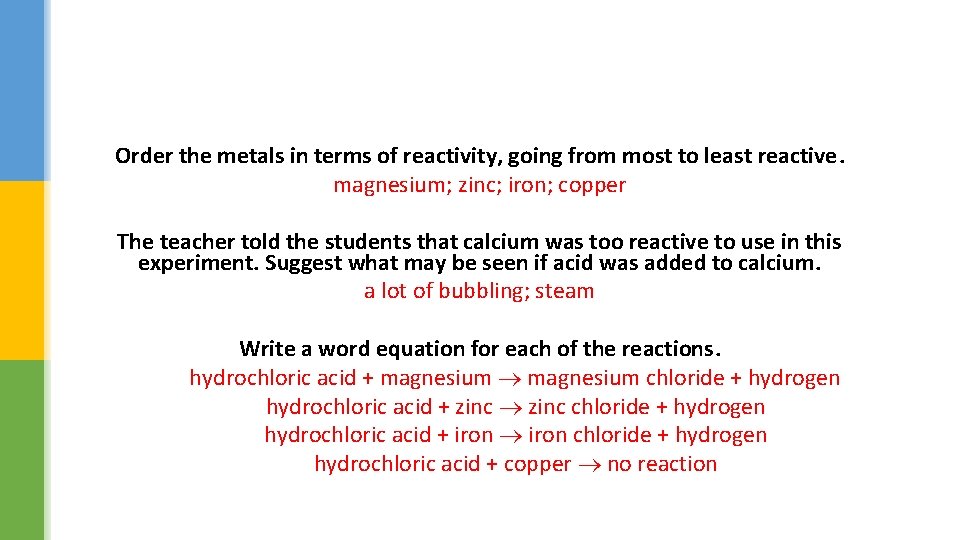 Order the metals in terms of reactivity, going from most to least reactive. magnesium;