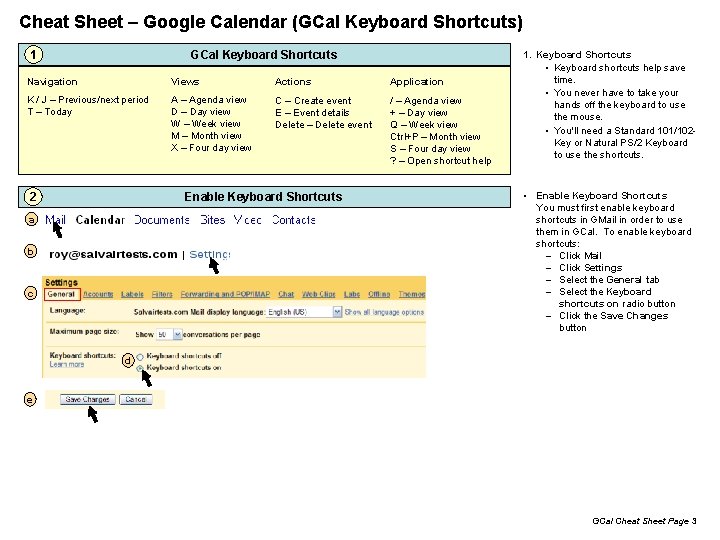 Cheat Sheet – Google Calendar (GCal Keyboard Shortcuts) 1 GCal Keyboard Shortcuts Navigation Views