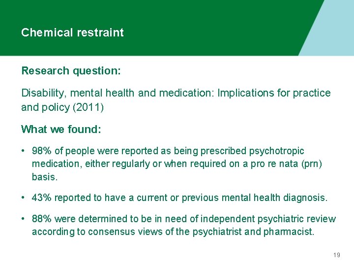 Chemical restraint Research question: Disability, mental health and medication: Implications for practice and policy