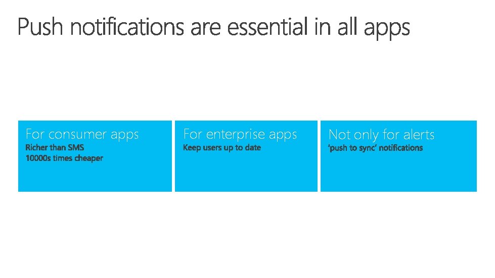 For consumer apps For enterprise apps Not only for alerts 