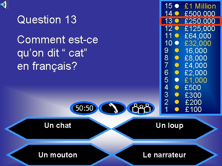 Question 13 Comment est-ce qu’on dit “ cat” en français? Un chat Un mouton