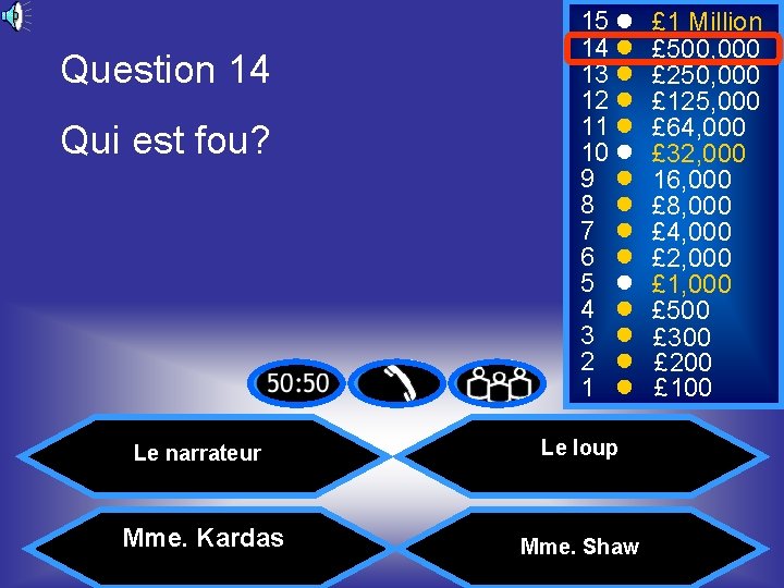 Question 14 Qui est fou? 15 14 13 12 11 10 9 8 7