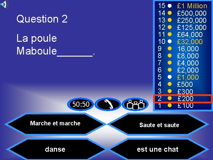 Question 2 La poule Maboule______. 15 14 13 12 11 10 9 8 7