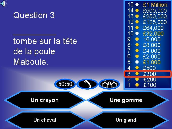 Question 3 _____ tombe sur la tête de la poule Maboule. 15 14 13