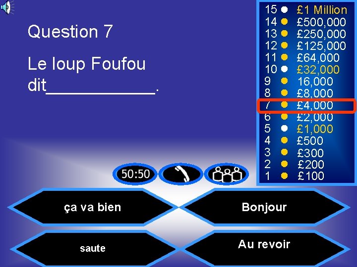 Question 7 Le loup Foufou dit______. 15 14 13 12 11 10 9 8
