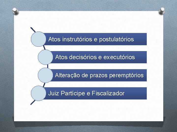 Atos instrutórios e postulatórios Atos decisórios e executórios Alteração de prazos peremptórios Juiz Partícipe