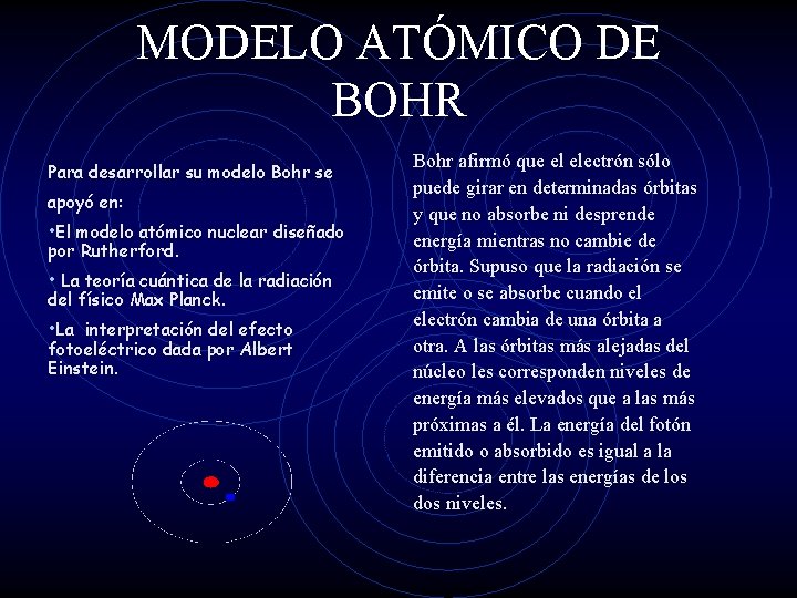 MODELO ATÓMICO DE BOHR Para desarrollar su modelo Bohr se apoyó en: • El