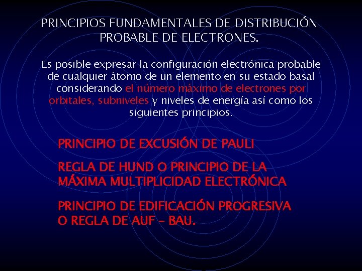 PRINCIPIOS FUNDAMENTALES DE DISTRIBUCIÓN PROBABLE DE ELECTRONES. Es posible expresar la configuración electrónica probable